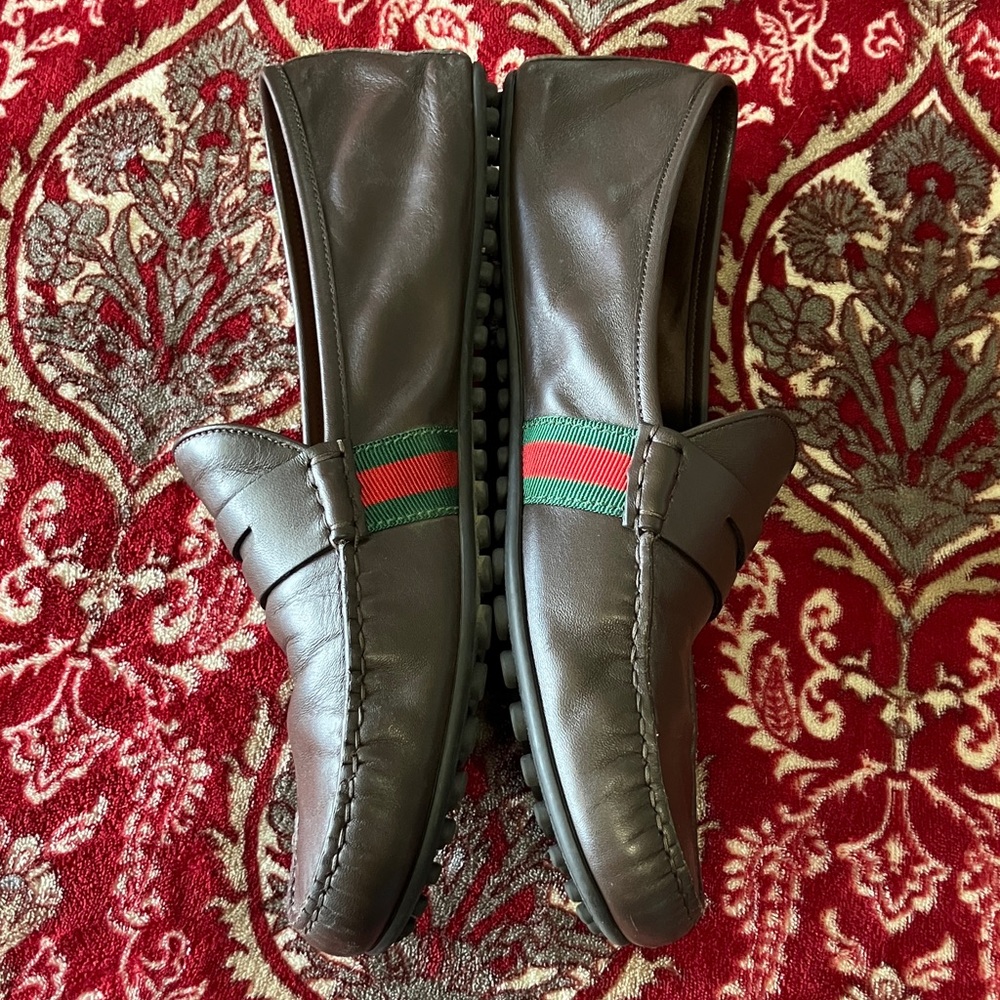 Gucci Brown Leather Penny Loafers with Signature Red & Green Web - Picture 4 of 11